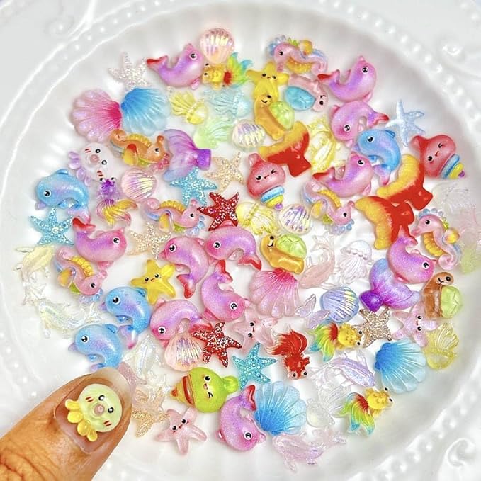 120PCS Summer Beach Nail Art Resin Accessories, Ocean Theme Shell Starfish Goldfish Nail Studs Sea Series Whelk Nail Charms Supplies for Nail Art Designs DIY Manicure Decoration 2