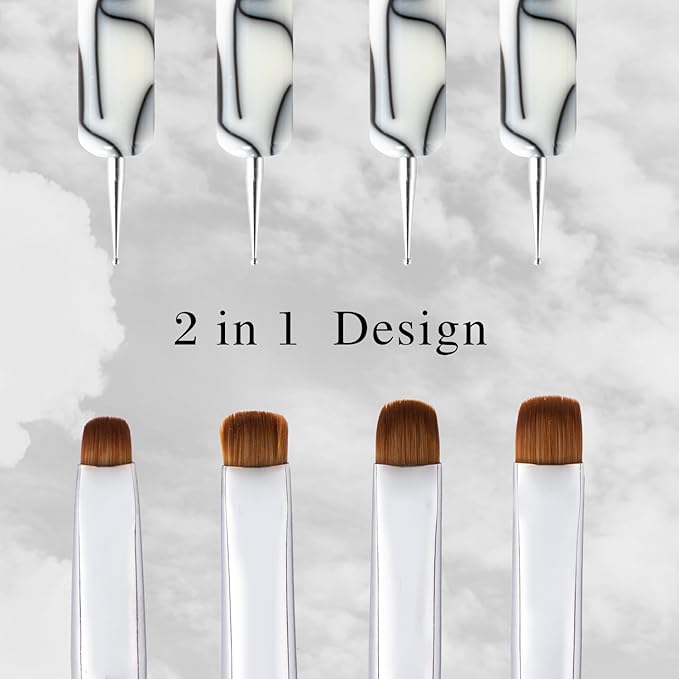 French Manicure Brush -2 Way Nail Art Brush with Dotting Manicure Tool for Manicure Cuticle Clean Up Nail Art Design- Professional Nail Salon Quality Brush, Nail Dotting Pen (White, 16#)