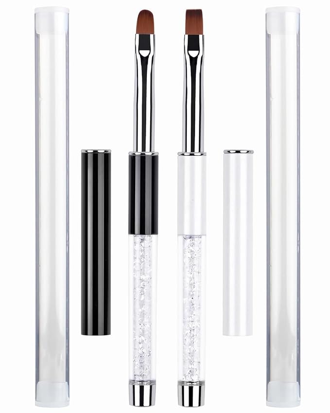 2Pcs Oval & Flat Nail Gel Brush Set – Acrylic Nail Art Brushes with Rhinestone Handle – UV Builder Gel Brush for Acrylic Nails, DIY & Salon Use