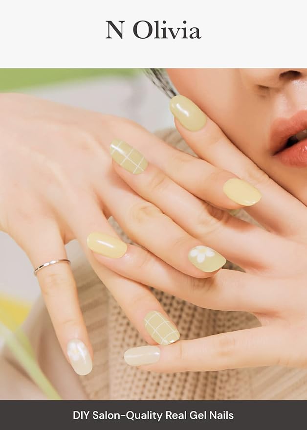 ohora Semi Cured Gel Nail Strips (N Olivia) - Green, Patterned, Works with Any UV/LED Lamps, Salon-Quality, Long Lasting, Easy to Apply & Remove - Includes 2 Prep Pads, Nail File & Wooden Stick