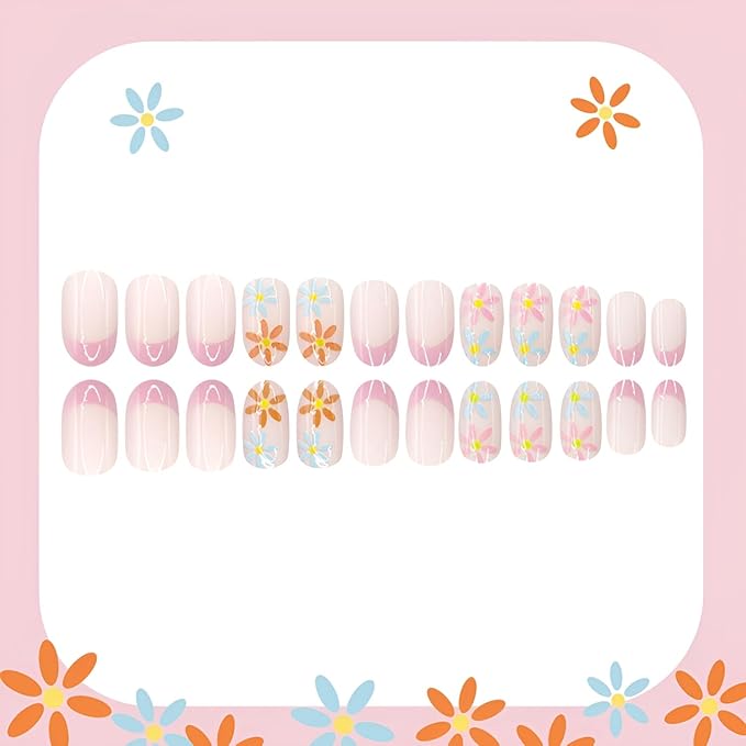 Flower Fake Nails Medium Almond Press on Nails Pink French Tip False Nails Summer Spring Nails Press Ons Glossy Full Cover Glue on Nail Acrylic Stick on Nail for Women Decorations Set 24Pcs