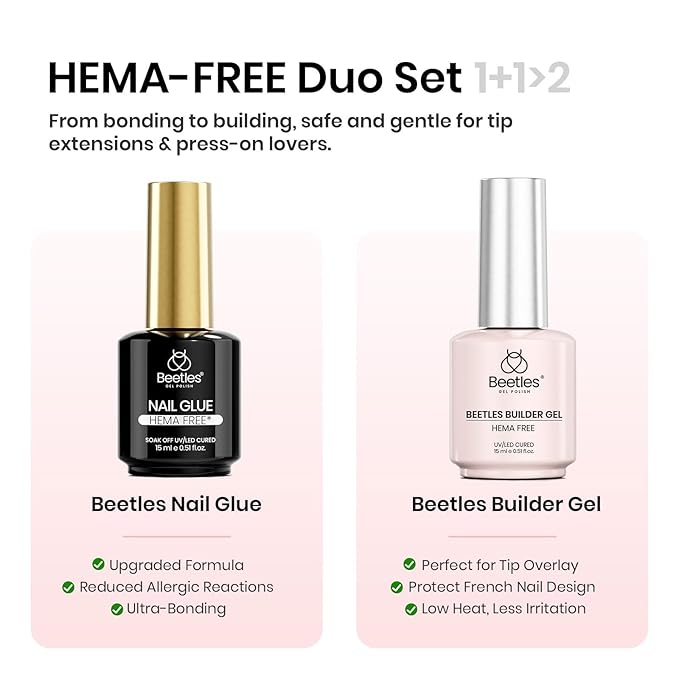 Beetles 2Pcs 15ml HEMA-Free Nail Glue Builder Nail Gel Set, Clear Builder for Nail Strengthener Thickening Building Apex Extension for Beginners & DIY Salon Manicure Gift for Women, U V Light Required