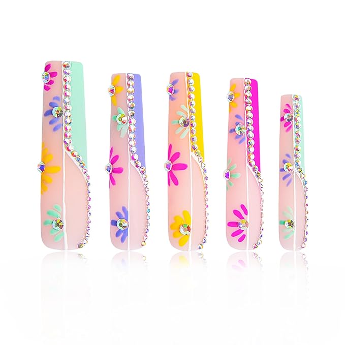 LOVFUL Press on Nails Wild Blooming | Handmade with Full Covered Crystals | Reusable Fake Nails | Square | H156-M, pink