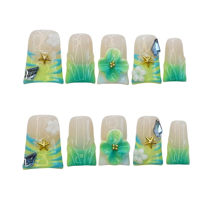 10pcs Handmade Press on Nails Medium Duck Curve Shape – 3D Floral Mushroom Jelly Shell Bow Cherry Chrome Bling Thick Reusable Fake Nails,Boho Y2K Aesthetic Accessories (neon green, L)
