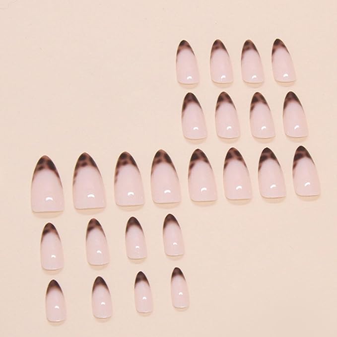 Hkanlre Leopard Print Press on Nails Nude Medium Fake French Nails Tips Full Cover Almond False Nails for Women 24PCS