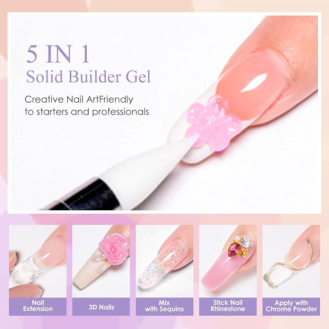 MEET ACROSS 7Pcs Aurora Solid Builder Nail Gel 5 IN 1 Solid Sculpture Builder Kit Clear Pink Purple Non-Stick Hand Nail Extension Gel Manicure DIY for Women