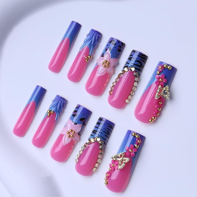 Bule French Tip Press on Nails Pink Long Square Fake Nails 3D Butterfly Flower Rhinestone Design Full Cover Glossy Glue on Nails for Women 24PCS