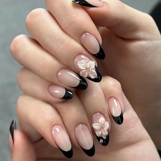 Short Almond Press on Nails French Tip Fake Nails Black False Nails with 3D Nude Flowers Designs Artificial Nails Cute Handmade NailsFloral Stick on Nails for Women 24pcs