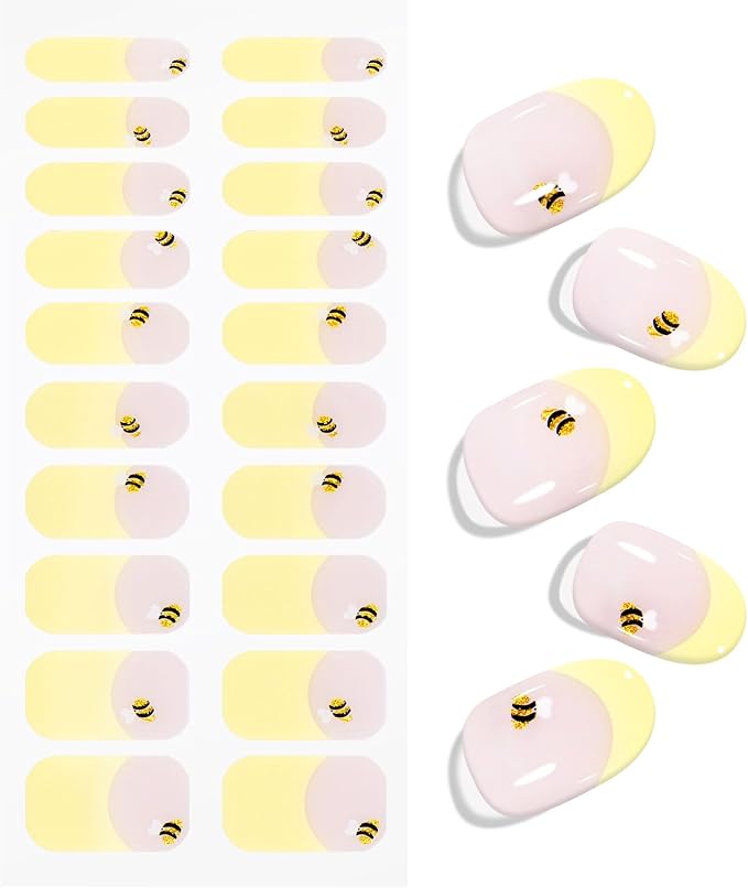 JMEOWIO Gel Nail Stickers Bee Yellow French Tip Semi Cured Gel Nail Strips Wraps UV/LED Nails Art Design Decoration Accessories