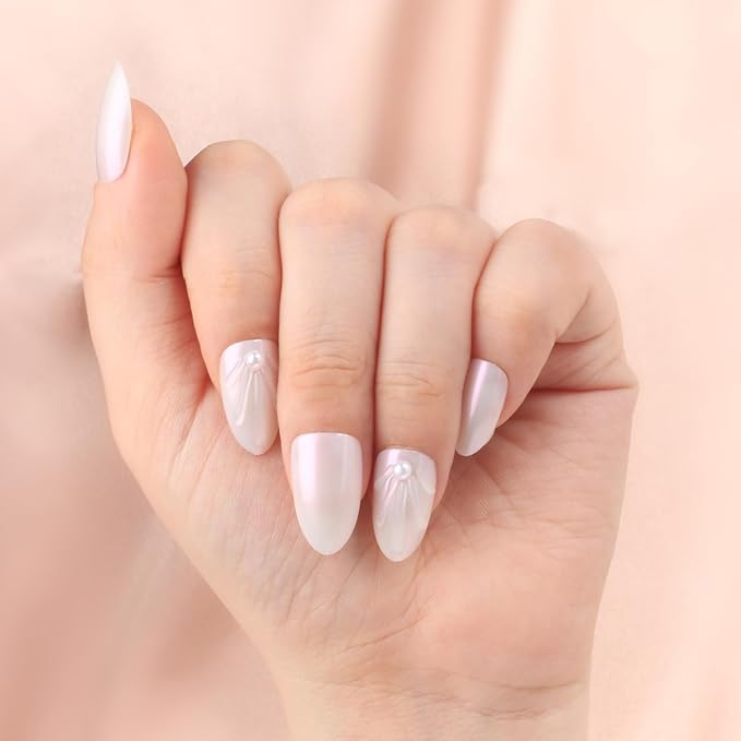 evpct Chrome Press on Nails Short Almond, Glazed Aurora White Holographic Glossy Acrylic Soft Gel Fake Nails Kit with 3D Shell Pearl Designs, Stick on Nails with Nail Kit, Reusable Stick on Nail Kit