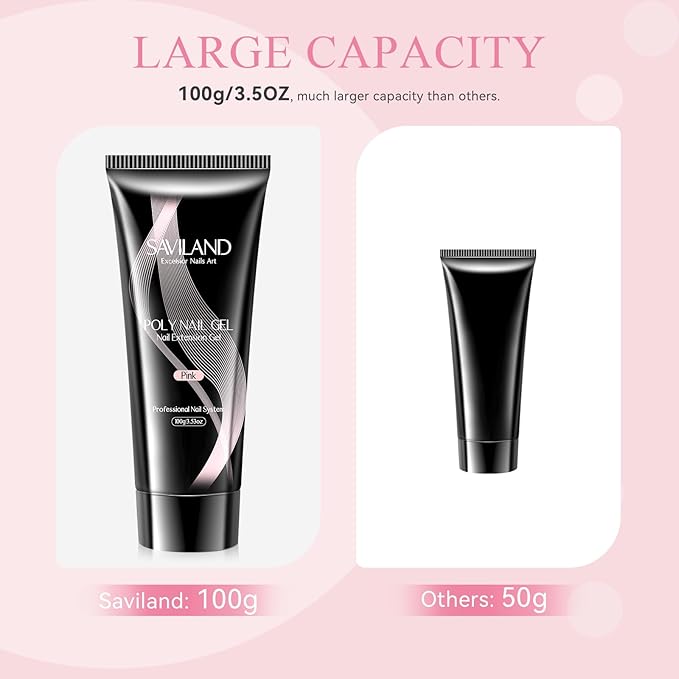 SAVILAND Poly Gel-100 G Pink Color Poly Nail Gel, Large Capacity Extension Durable Gel for Nail Strengthener, Long-Lasting, Easy to Use for Starter & Professional Manicure DIY Art Home Salon