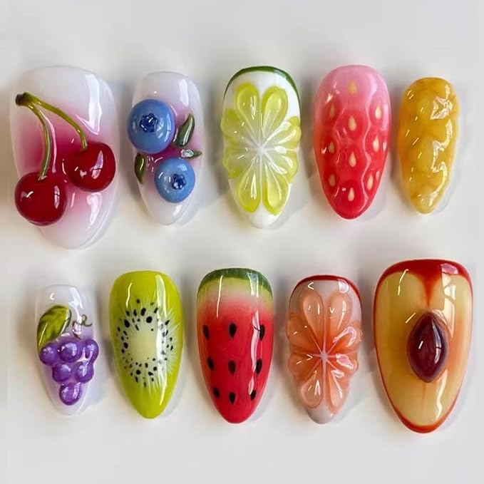 Press On Nails - Medium Length Almond Handmade Unique Fake Nails, Artistic Design, Thick Acrylic and Muti-Layer Gel False Nails (Size S)