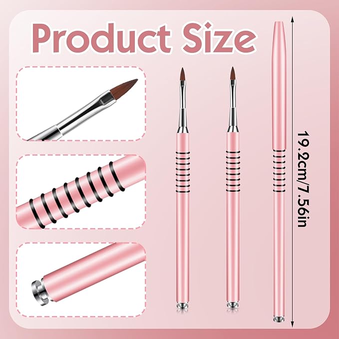 2Pcs 3D Nail Brush for Acrylic Nails Size #2#4 3D Flower Brushes Kolinsky Nail Art Brushes, Nails Design Brush Manicure Tools for Women with Non-Slip Handle, Pink