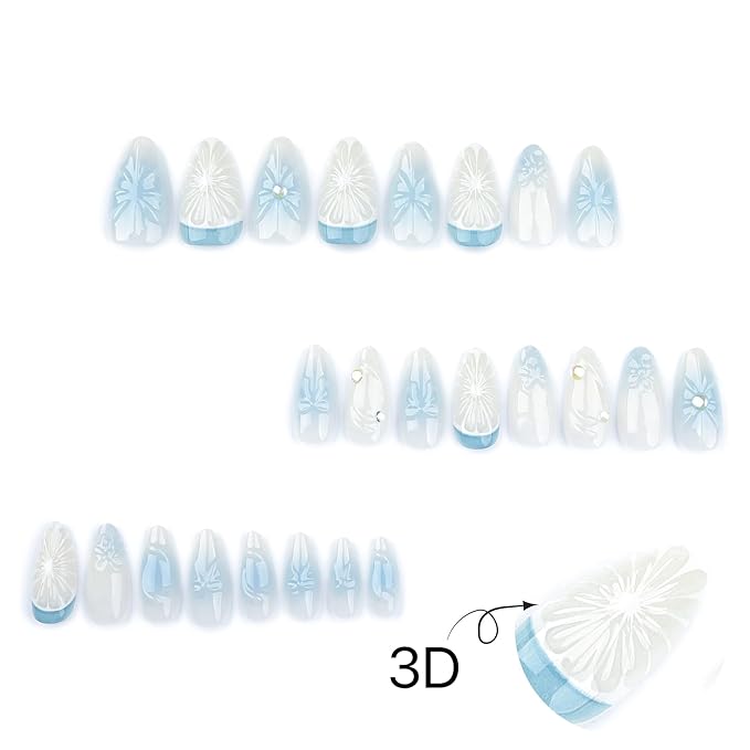 Medium Press on Nails Almond Fake Nails with 3D Lemon Design Blue Ombre Full Cover Stick on False Nails for Women Manicure 24Pcs