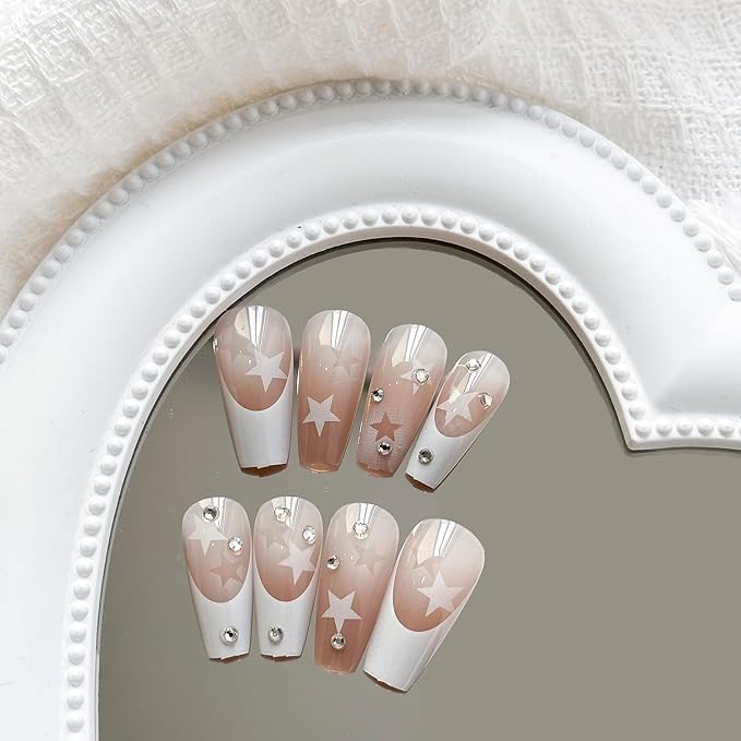 Y2K Press on Nails Long Coffin MABKJLF French Tip Fake Nails Nude Full Cover White Star False Nails with Designs Gradient Acrylic Nails Rhinestone Glossy Glue on Nails for Women Girls 24Pcs