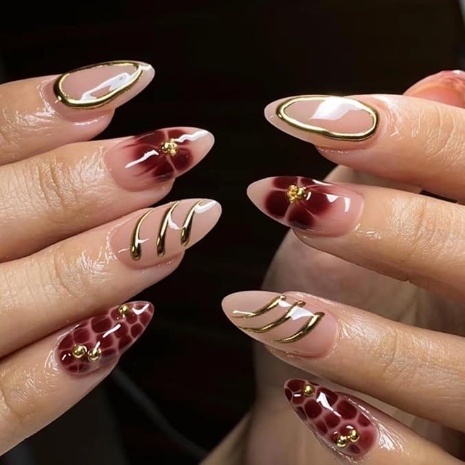 Almond Press on Nails - Medium Fake Nails with Flower Gold Line Design - Ombre False Nails Press ons - for Women Manicure 24 Pcs