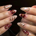 Almond Press on Nails - Medium Fake Nails with Flower Gold Line Design - Ombre False Nails Press ons - for Women Manicure 24 Pcs