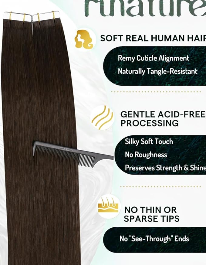 RUNATURE 28 Inch Tape ins Human Hair Extensions Darkest Brown Straight Invisible Tape in Extensions Human Hair Skin Weft Natural Hair Glue in Extensions Long Hair soft 50 Gram 20 Pieces