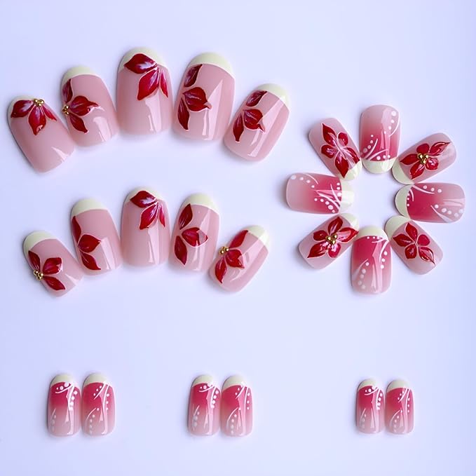French Tip Press o Nails Short Almond Fake Flower Nails Press Ons with Rhinestones Design Glossy Full Cover False Nails Gradient Glue on Nail Acrylic Stick on Nail for Women Decorations set 24Pcs
