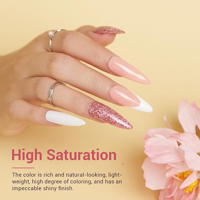 AZUREBEAUTY Dip Powder Nail Kit Starter, 4 Colors Glitter Soft Pink French Nail Art, with Base Coat, Top Coat and Activator Liquid, Suitable for All Seasons, Ideal for DIY Manicure and Salon Use