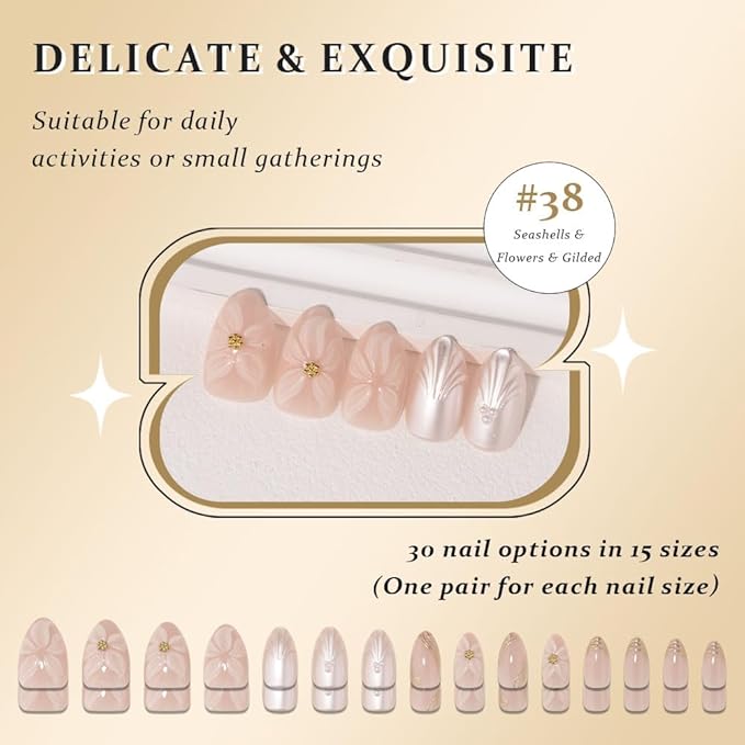 3D Press on Nails Short Almond with Flower Design, Pearl White Shell Press ons Glossy Stick on Nails for Women with Kit, Reusable Soft Gel Stick on Cute Fake Nail with Gold Line Designs Perfectly Fit