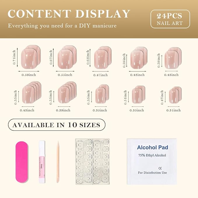 evpct Nude Glazed Press on Nails Short Square for Women Gift, Chrome Glazed Nude Fake Nails Reusable with Soft Gel, Glossy Glitter Stick on False Nail Kit Salon Quality DIY at Home, 01