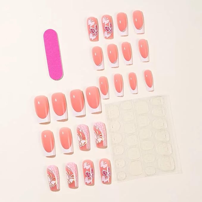 Press on Nails Square - Medium, White French Tip Fake Nails - with Butterfly Design Stick on False Nails for Women - 24 Pcs