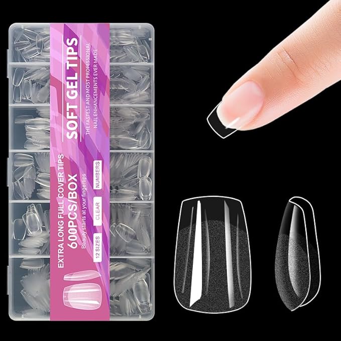 Extra Short Coffin Clear Nail Tips 600pcs Full Cover Soft Acrylic Press For Nail Kit Women Home DIY Fake Nails for Nail Extension 12 Size