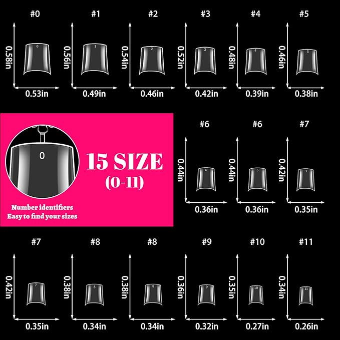 LoveOurHome 600pc French Coffin Nail Tips Clear Fake Nails Medium Coffin Gel Nail Tips Half Cover Acrylic Nails Clear Press Nail 15 Sizes False Fingernail for Gel Nail Tip Extension
