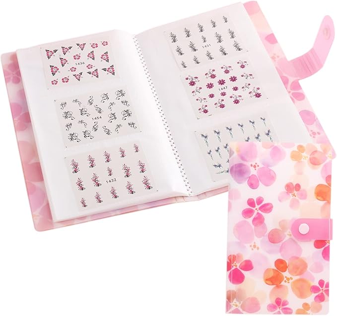 120 Slots Nail Stickers Storage Book Empty Nail Stickers Album Holder Photo Collection Book Water Decals Display Showing Shelf Binder Stencils Collecting Card Case Manicure Tools (Pink Flowers)