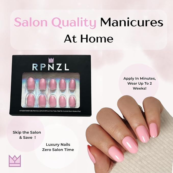 Press On Nails - Petal Pink I Solid Opaque Light Pastel Pink Short Oval Nails, Salon Quality, 32 Nails, 16 Sizes Kit with Glue and Adhesive Tabs - Female Founded