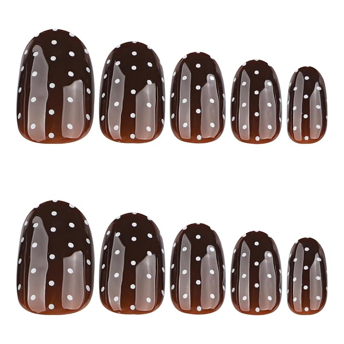 Brown Press on Nails Medium Oval MABKJLF Fake Nails False Nails with White Polka Dots Designs Glossy Glue on Nail Autumn Reusable Full Cover Acrylic Nails for Women Girls 24Pcs