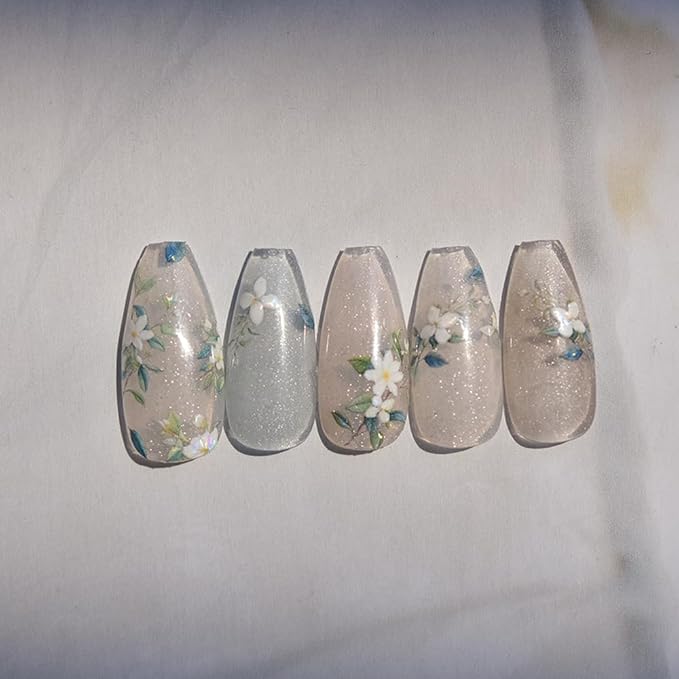 Holographic White Jasmine Flower Nail Art Stickers, 3D Floral Design with Iridescent Effect