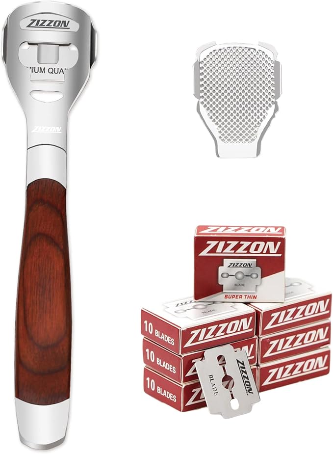 ZIZZON Foot Care Pedicure Callus Shaver Hard Skin Remover Wood Handle 70 Blades