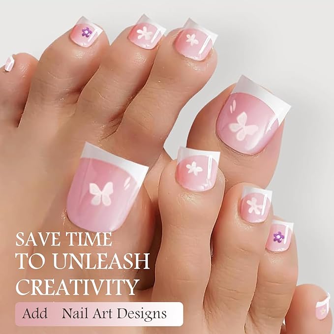 150pcs French Tip Press on Toenails Short Square, Pink Press On Nails White French Toe Nail Tips for Women, Soft Gel Fake Toe Nails, Acrylic Nails Soak off Nail Home DIY 15 Size