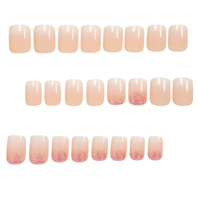 Ombre Press on Nails Short Square MABKJLF Nude Pink Fake Nails False Nails with Designs Pink Glitter Gradient Natural Nails Full Cover Glossy Glue on Nails Stick on Nails for Women Girls 24 Pcs