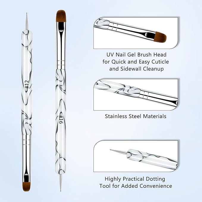 French Manicure Brush Set with Dotting Tools, Double-Ended Nail Art Brushes for Gel & Acrylic, Precision Clean Up & Detail Design, 4 Sizes (#10#12#14#16), NB128-White