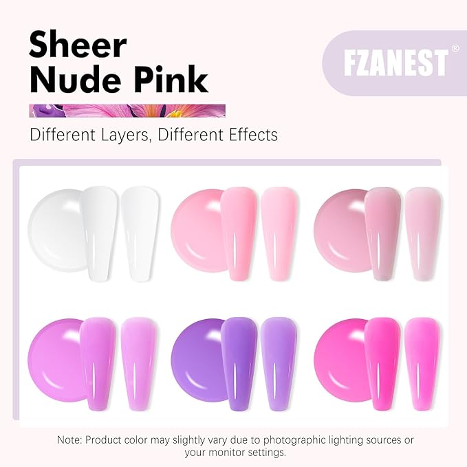 FZANEST Builder Gel Nail Kit, Milky White Sheer Jelly Nude Pink 6 Colors Rubber Base Builder Gel For Nails Strengthener Extension Gel Nail Art Salon Gift for Women