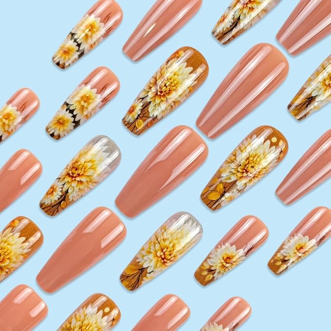 Sunflower Press on Nails Medium Square Fake Nails with Daisy Floral Designs Yellow Flowers False Nails Press ons Glossy Orange Summer Acrylic Nails for Women Decoration for Women 24Pcs