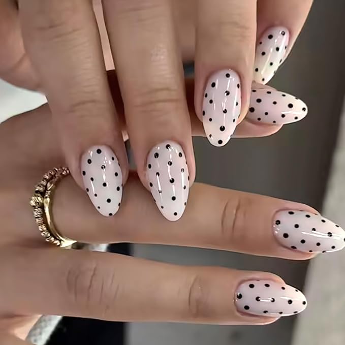 White Almond Press On Nails Short, Cute Fake Nails with Black Polka Dot Detail Design, Glossy Gel Finish Acrylic Nails, Classic Reusable Glue On Nails Kit for Women, 24Pcs
