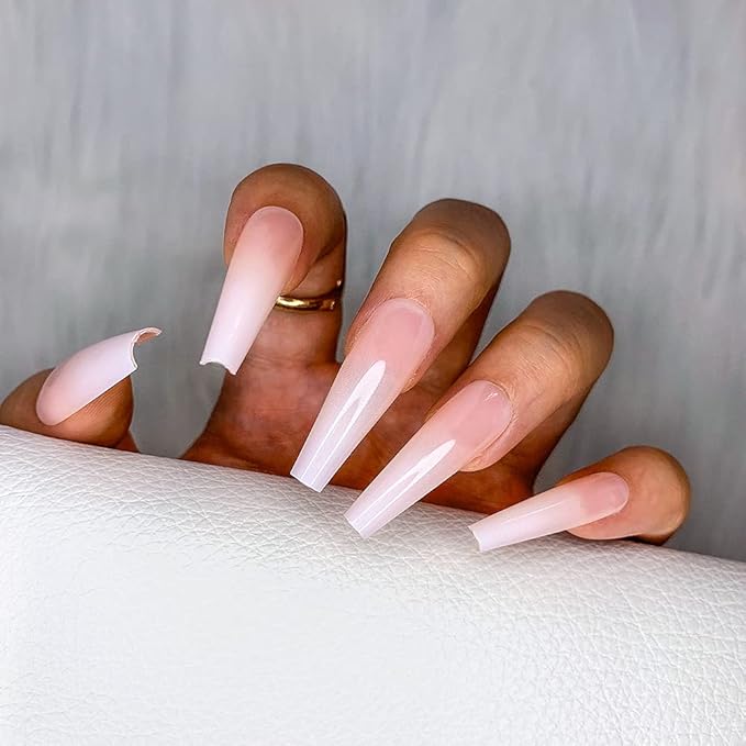 Morily 24pcs Fake Nails Nude White Ombre Ballerina Long Coffin Glossy Press on Nail False Tips Artificial Finger Manicure for Women