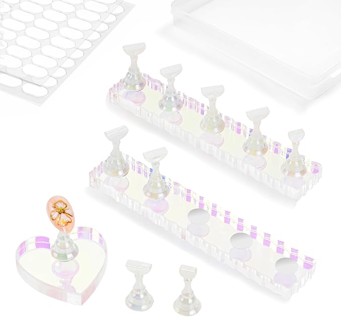 Nail Stand For Press On Acrylic Strong Magnetic Nail Holder Kit For Painting Nails Tip Arts Display With 200PCS Double-Sided Tape And 1 Heart Shaped Acrylic Magnetic Presson Stand (Aurora And White, Medium)