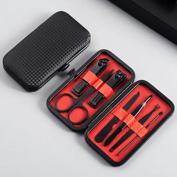 NOVANO Professional 7-in-1 Manicure Pedicure Set, Stainless Steel Nail Clipper Kit for Men Women, Sharp Grooming Tools with Portable Leather Travel Case - Ideal Gift (Black)