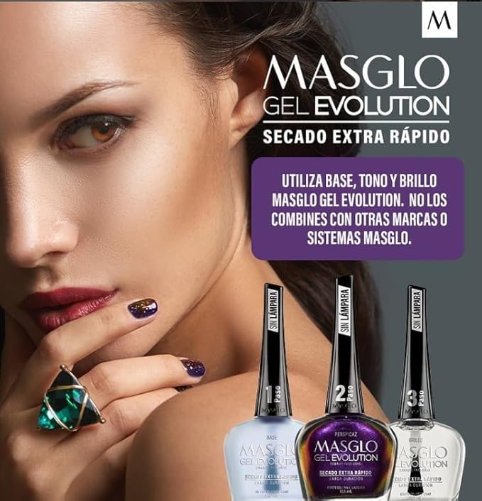 MASGLO GEL EVOLUTION Nail Polish Gel Effect, No UV/Led Lamp Required, Duration up to 12 day, 1 peice color Gel sin necesidad de lampara UV/Led, hasta 12 dias de duracion (ACTIVISTA)