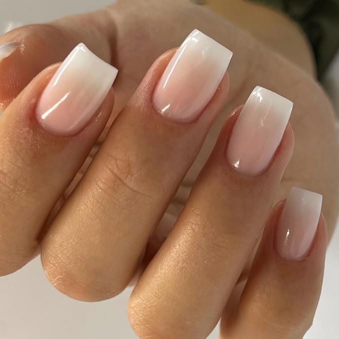 Ombre Press on Nails Medium Square Fake Nails Glossy False Nails Press ons with Gradient Design Reusable Artificial Nail Full Cover Glue on Nail Stick on Nails for Women Manicure 24Pcs