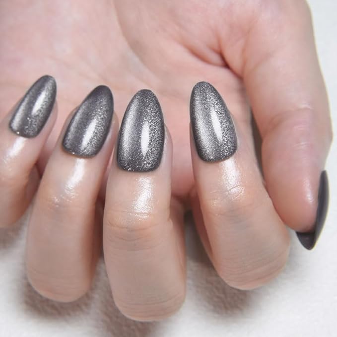 evpct Cat Eye Silver Press on Nails Almond Short, Silver Metal Short Almond Soft Gel Press on Nails with Nail Kit, Fit Perfectly, 30Pcs Reusable Acrylic Fake Press-on Nail Polish Kit for Women Gift