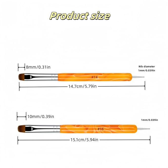 French Brush for Nails Premium 2 Way French Gel Acrylic Nail Art Brush and Dotting Tool, 2 Pcs French Tip Brush 14 and 16 Professional Nail Salon Quality Brush, Nail Dotting Pen (Orange)