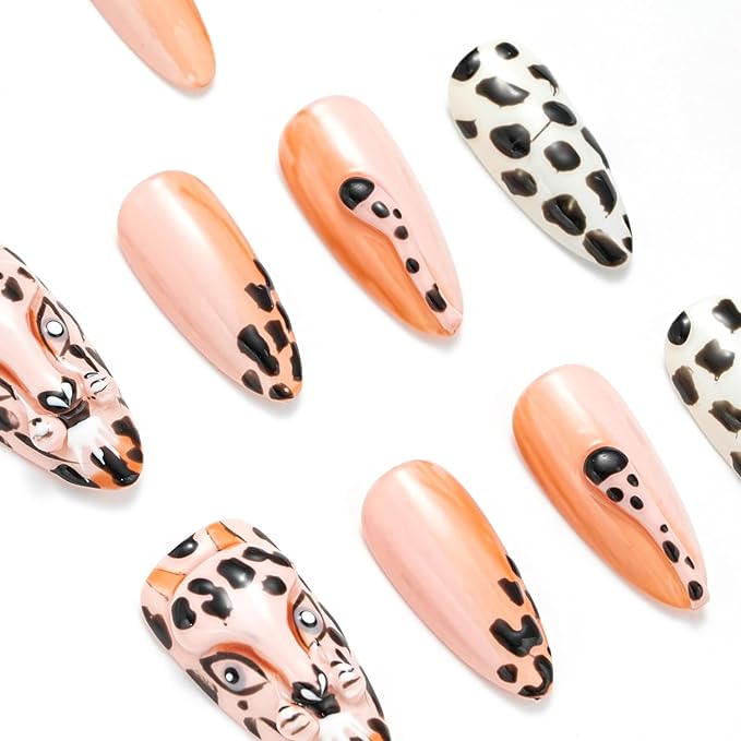 FORBELOVED NAILS,Nude Hand-pained Leopard Handmade Press On Nails,Medium Almond Glue On Nails,Charming 3D Texture Tails False Nails For Women And Girls,10Pcs/Set With Glue,(Nude-M),FOB