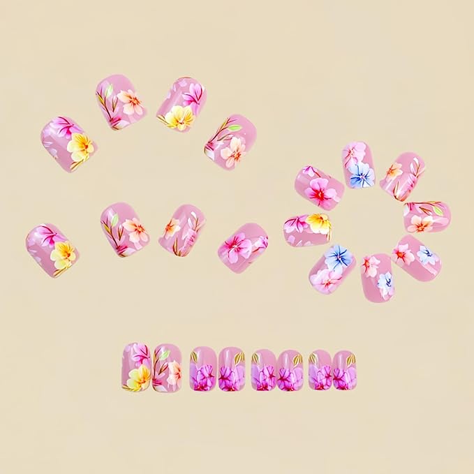 Flower Press on Nails Medium Square Fake Nails with Colorful Floral Leaf Designs Pink False Nail Spring Summer Stick on Nail for Women 24Pcs