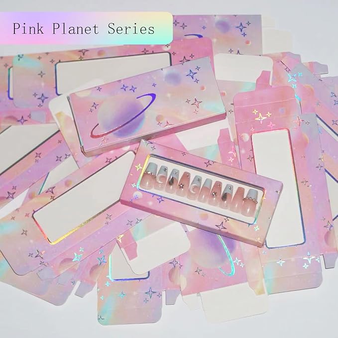 74PCS Press on Nails Packaging Box Set Includes 35PCS Empty Nail Package Box 35PCS White Background Paper 1 Double Sided Tape and 3 Thank You Stickers for Press on Nail Business